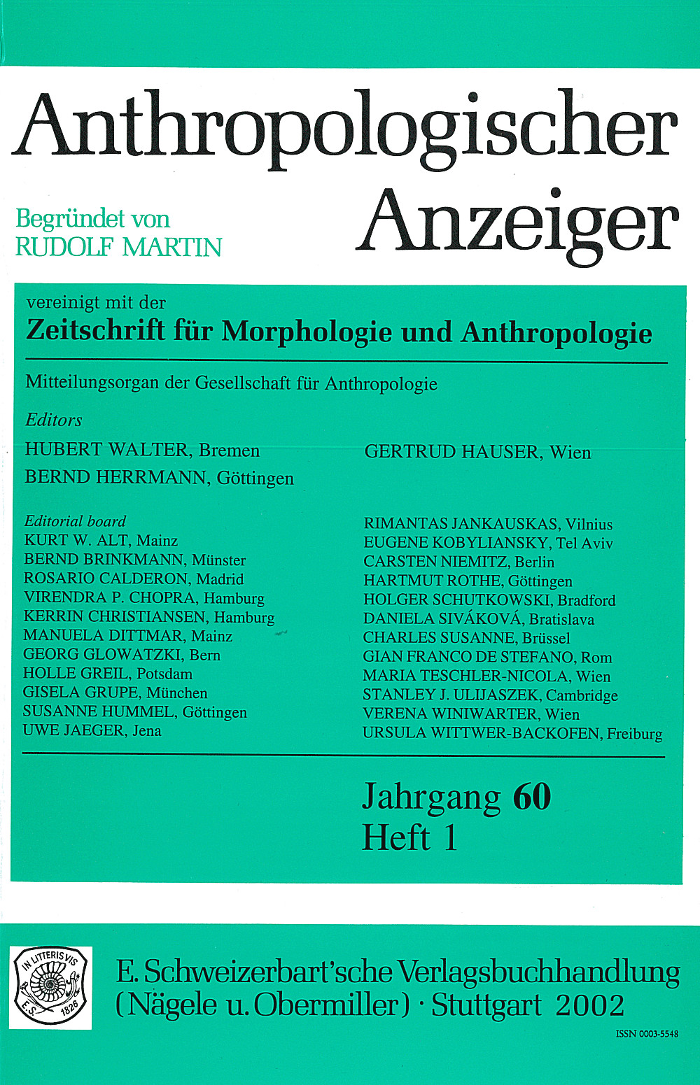 Cover image of: Anthropologischer Anzeiger Volume 60 No. 1