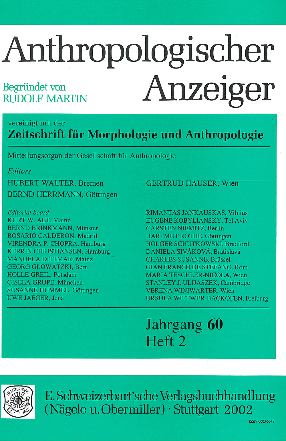 Cover image of: Anthropologischer Anzeiger Volume 60 No. 2