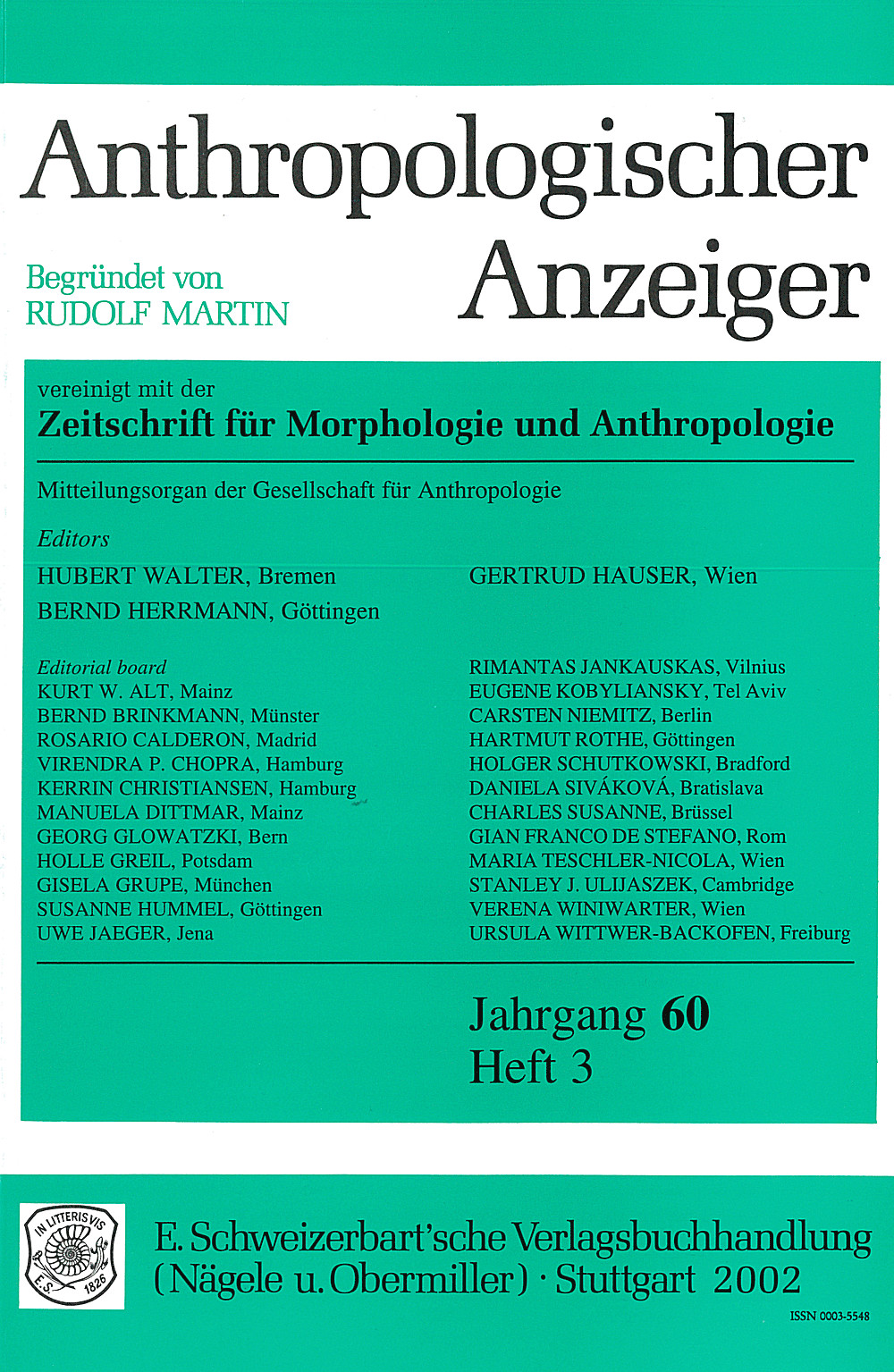 Cover image of: Anthropologischer Anzeiger Volume 60 No. 3