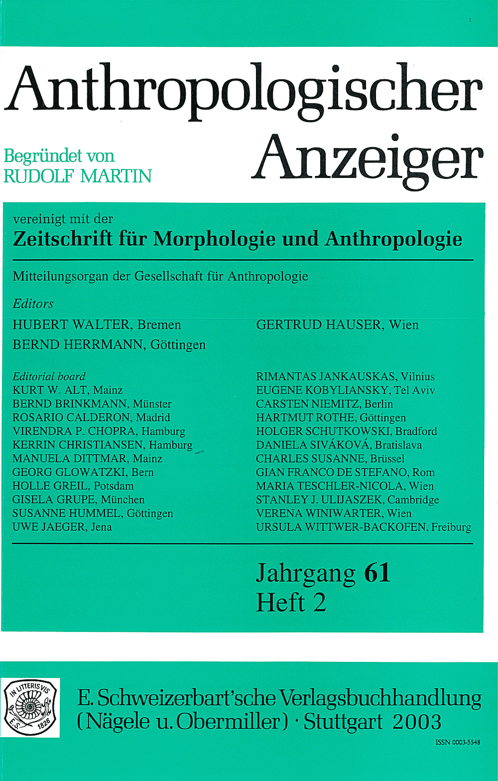 Cover image of: Anthropologischer Anzeiger Volume 61 No. 2