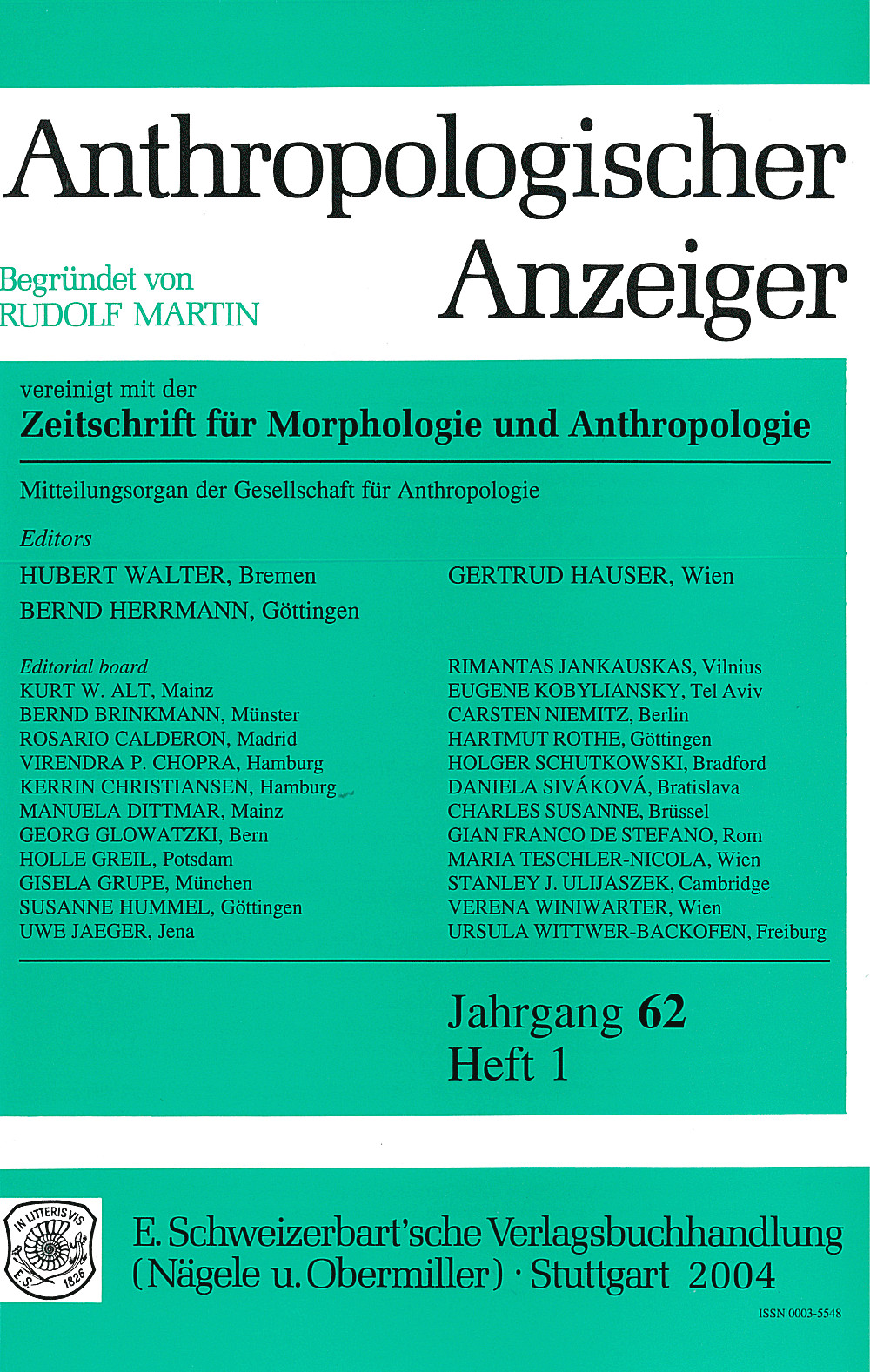 Cover image of: Anthropologischer Anzeiger Volume 62 No. 1