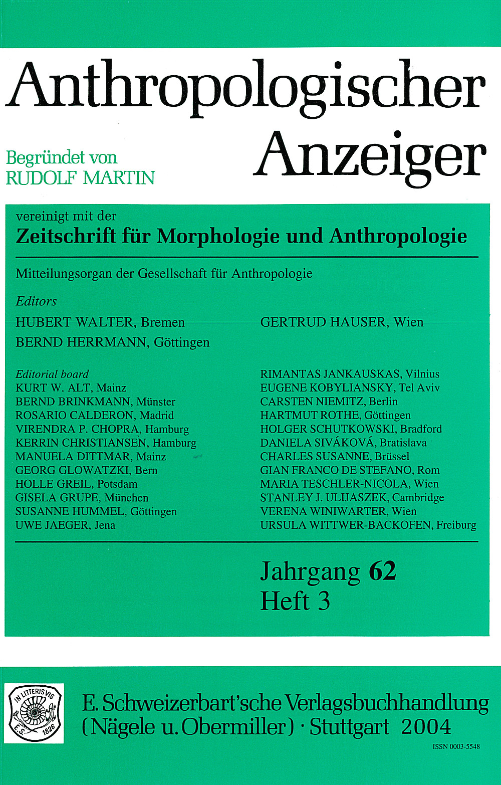 Cover image of: Anthropologischer Anzeiger Volume 62 No. 3