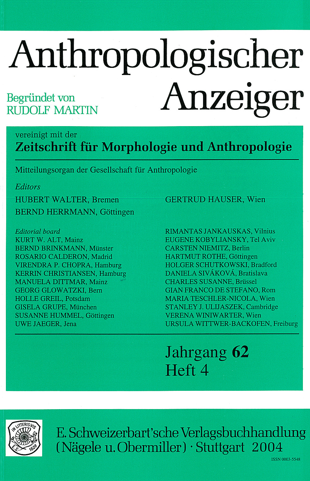 Cover image of: Anthropologischer Anzeiger Volume 62 No. 4