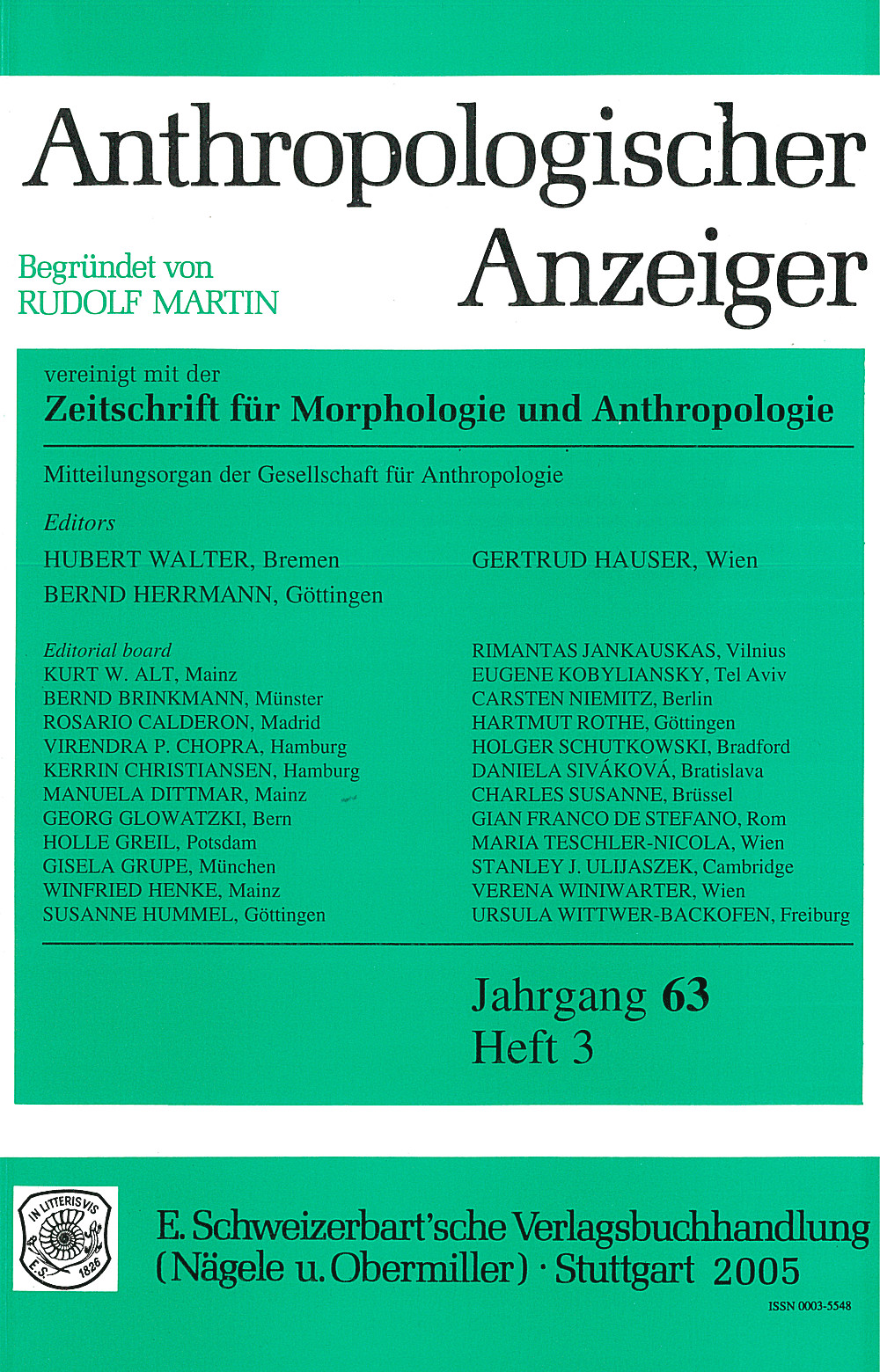 Cover image of: Anthropologischer Anzeiger Volume 63 No. 3