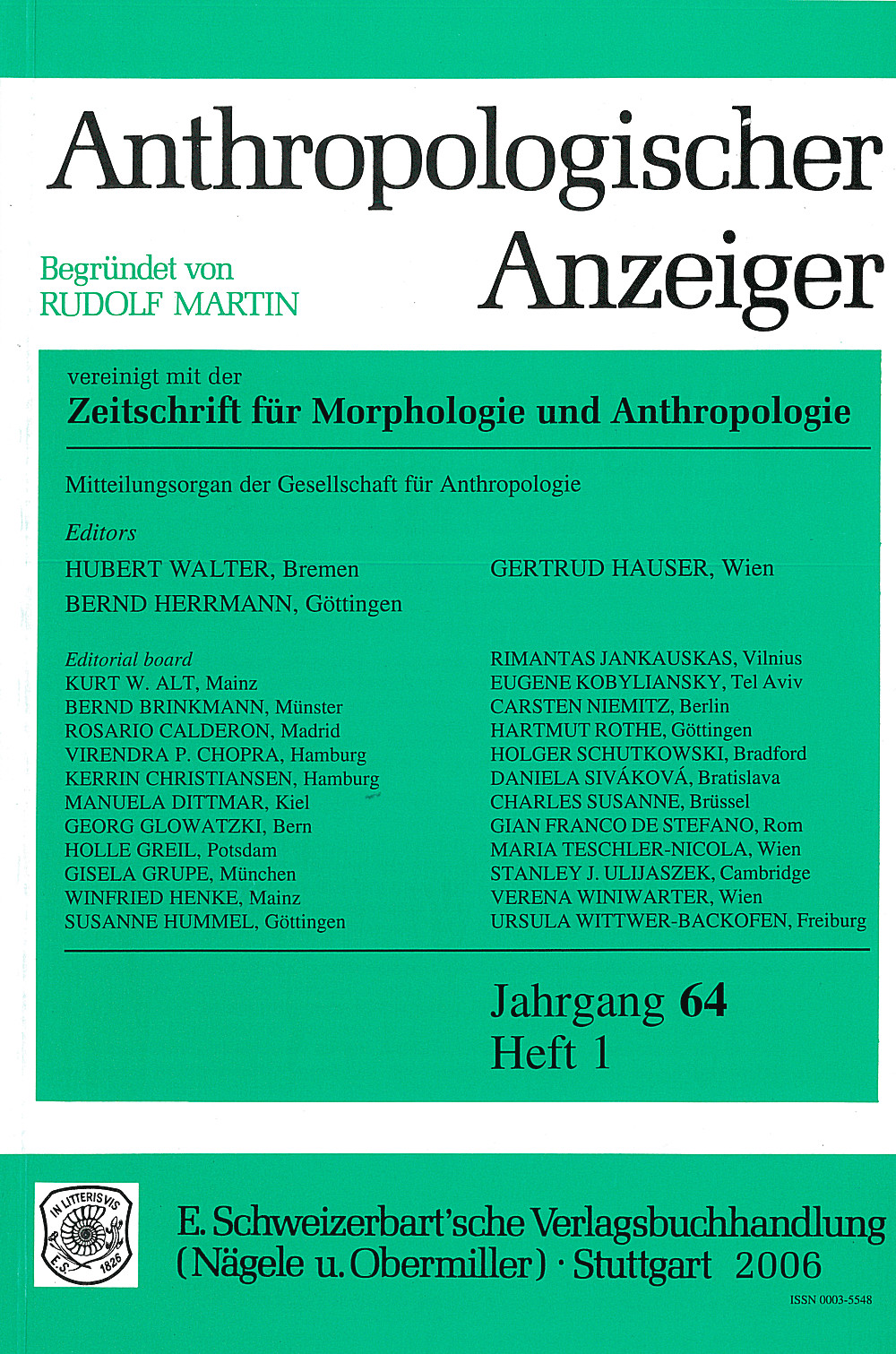 Cover image of: Anthropologischer Anzeiger Volume 64 No. 1