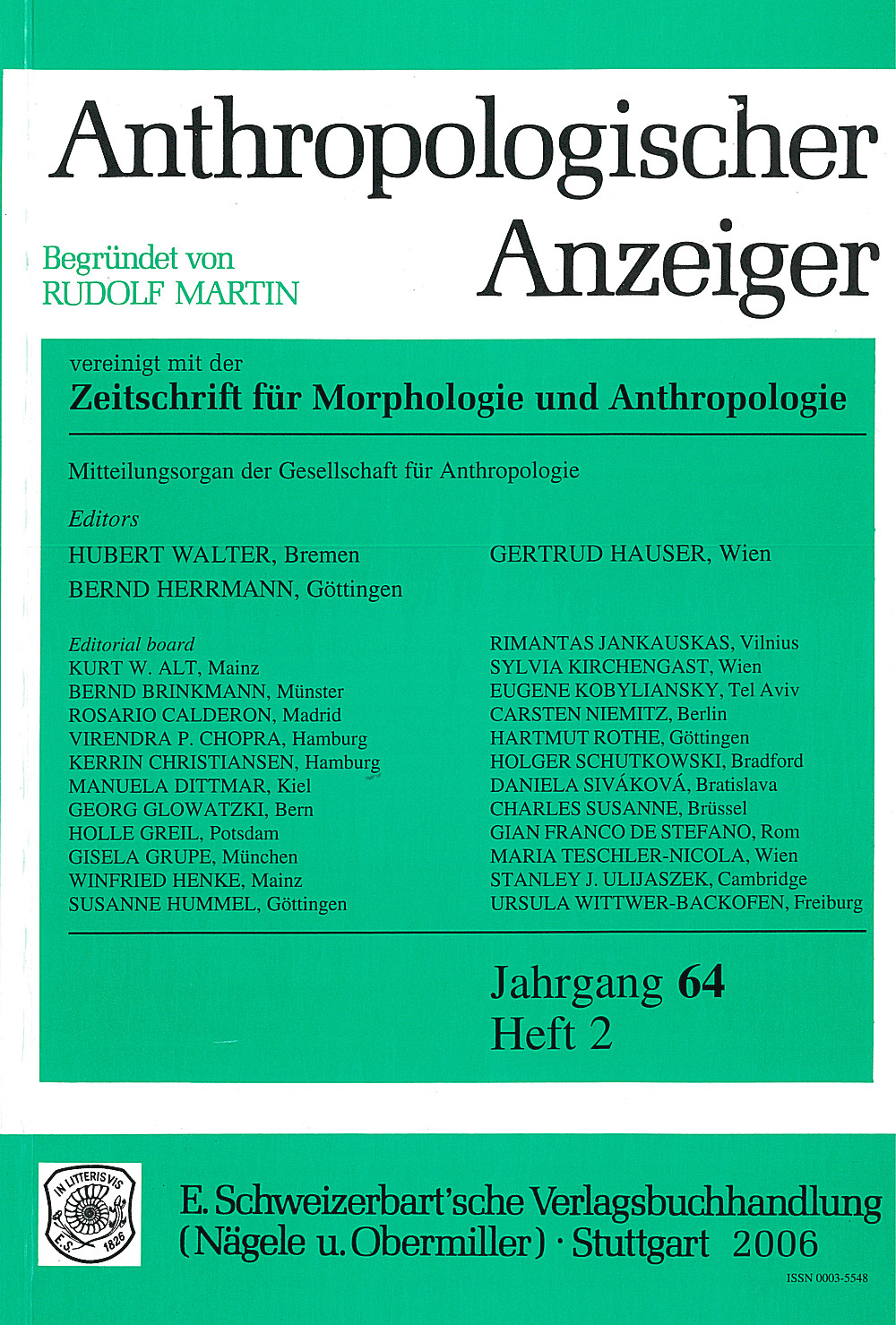 Cover image of: Anthropologischer Anzeiger Volume 64 No. 2