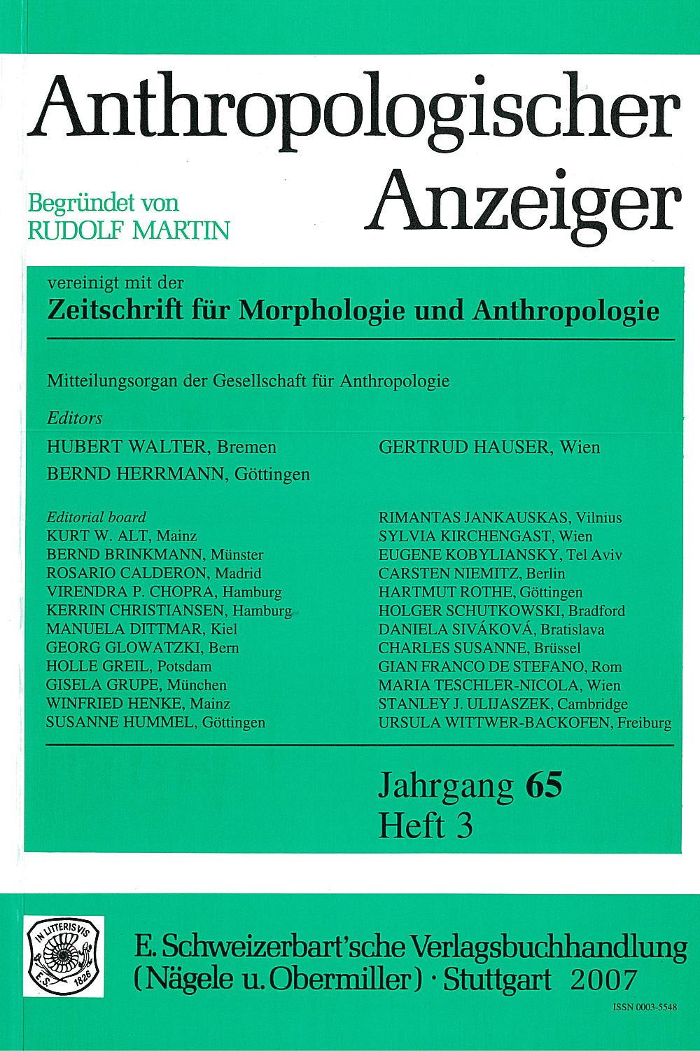 Cover image of: Anthropologischer Anzeiger Volume 65 No. 3