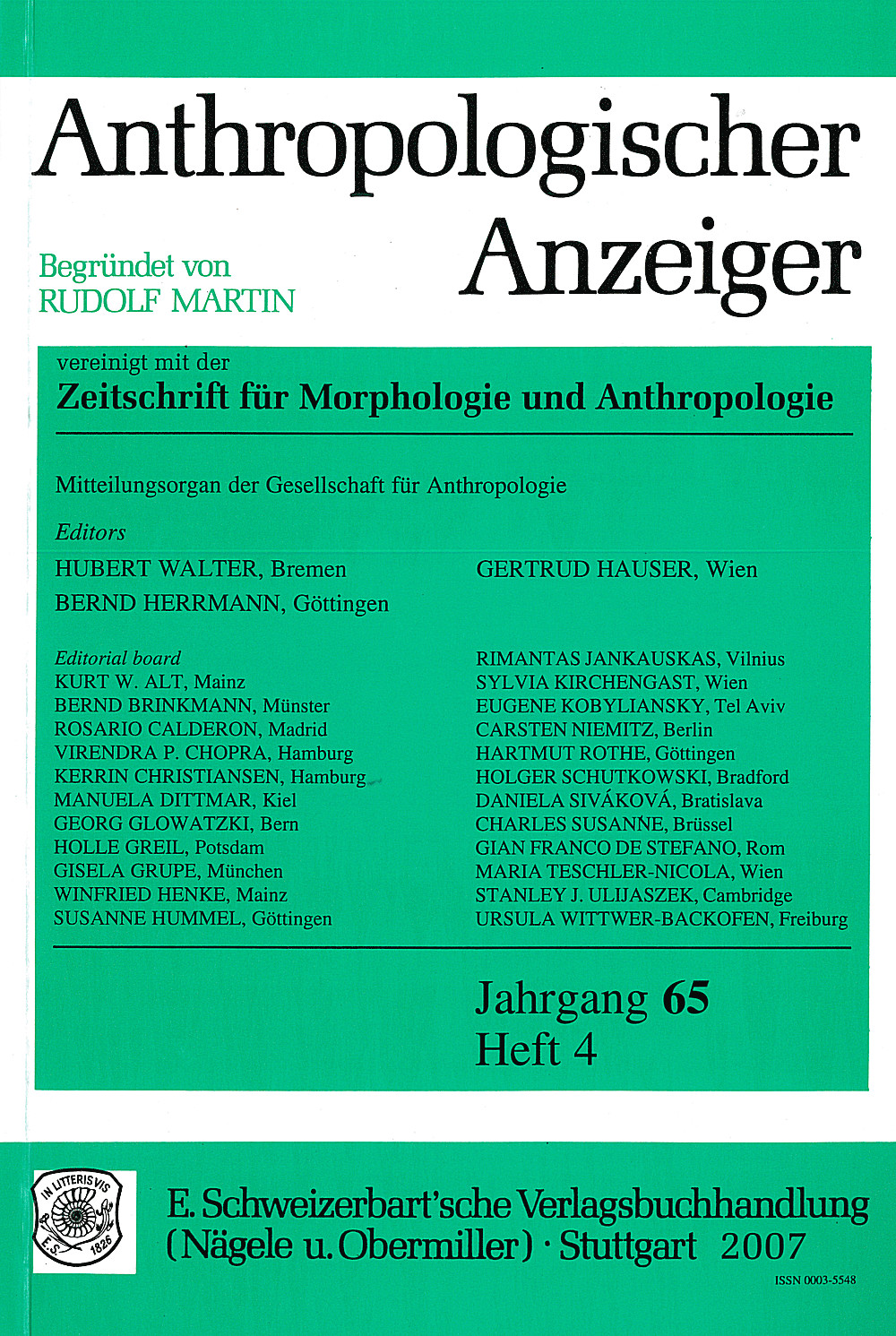 Cover image of: Anthropologischer Anzeiger Volume 65 No. 4