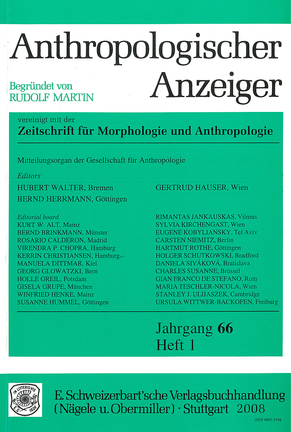 Umschlagbild des Buches: Anthropologischer Anzeiger Volume 66 No. 1