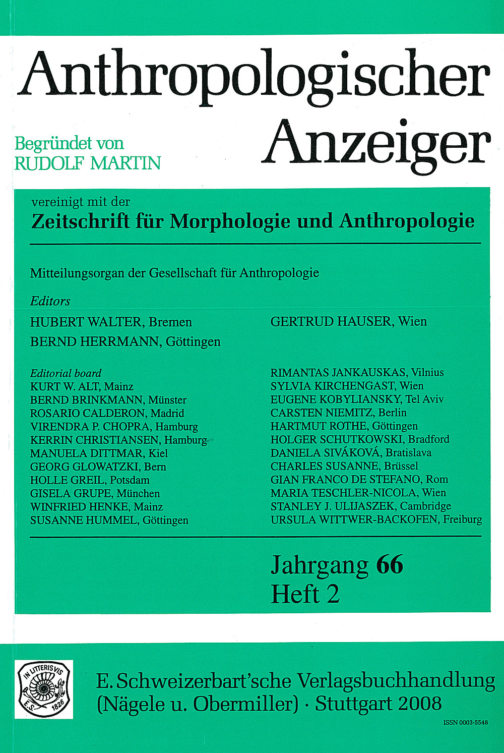 Umschlagbild des Buches: Anthropologischer Anzeiger Volume 66 No. 2