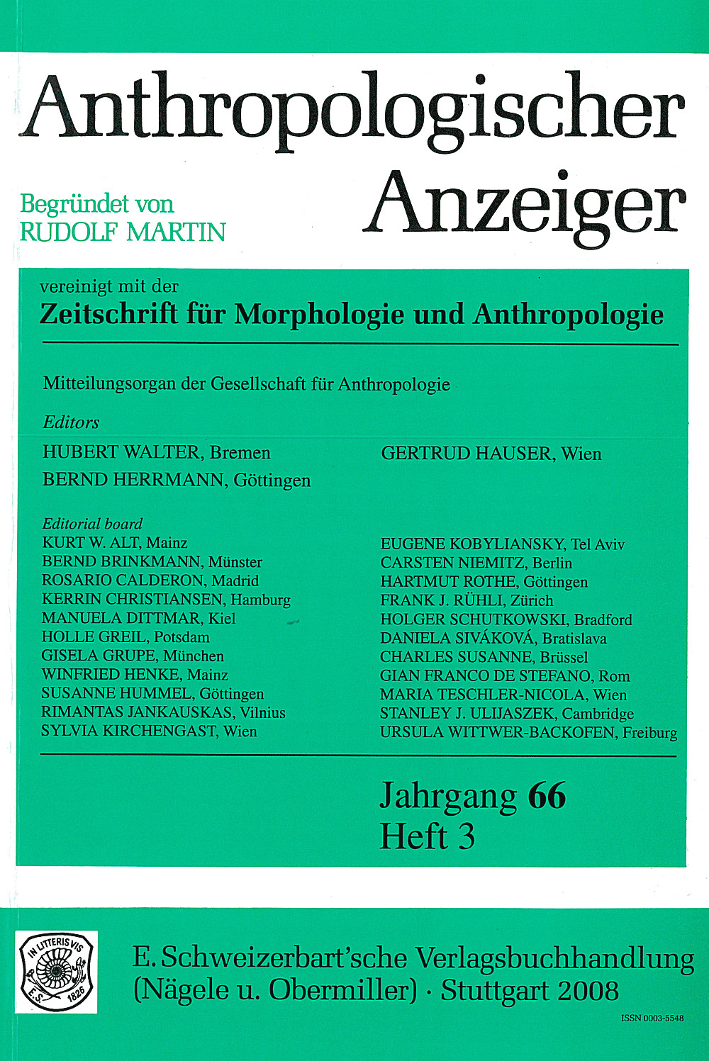 Umschlagbild des Buches: Anthropologischer Anzeiger Volume 66 No. 3