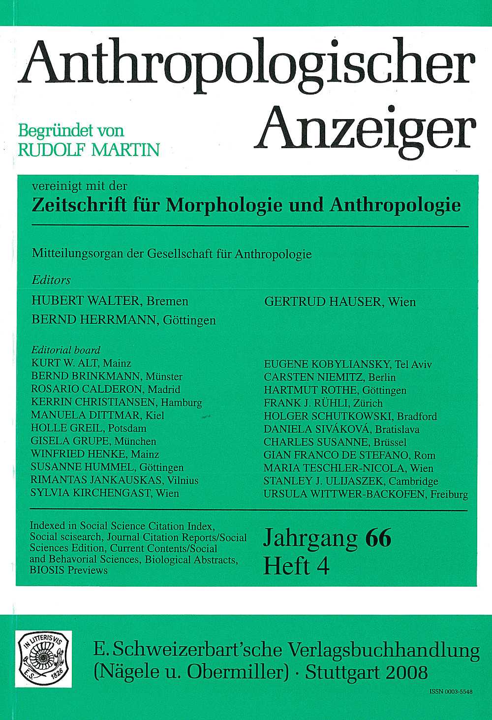 Umschlagbild des Buches: Anthropologischer Anzeiger Volume 66 No. 4