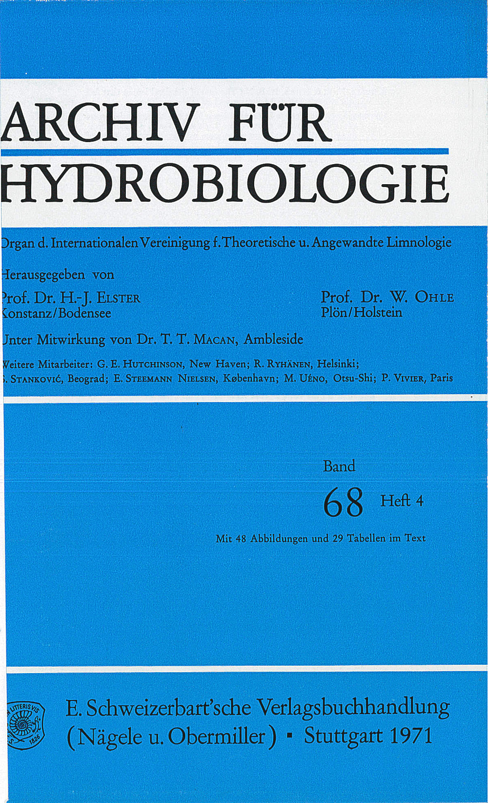 Cover image of: Archiv für Hydrobiologie Volume 68 Number 4