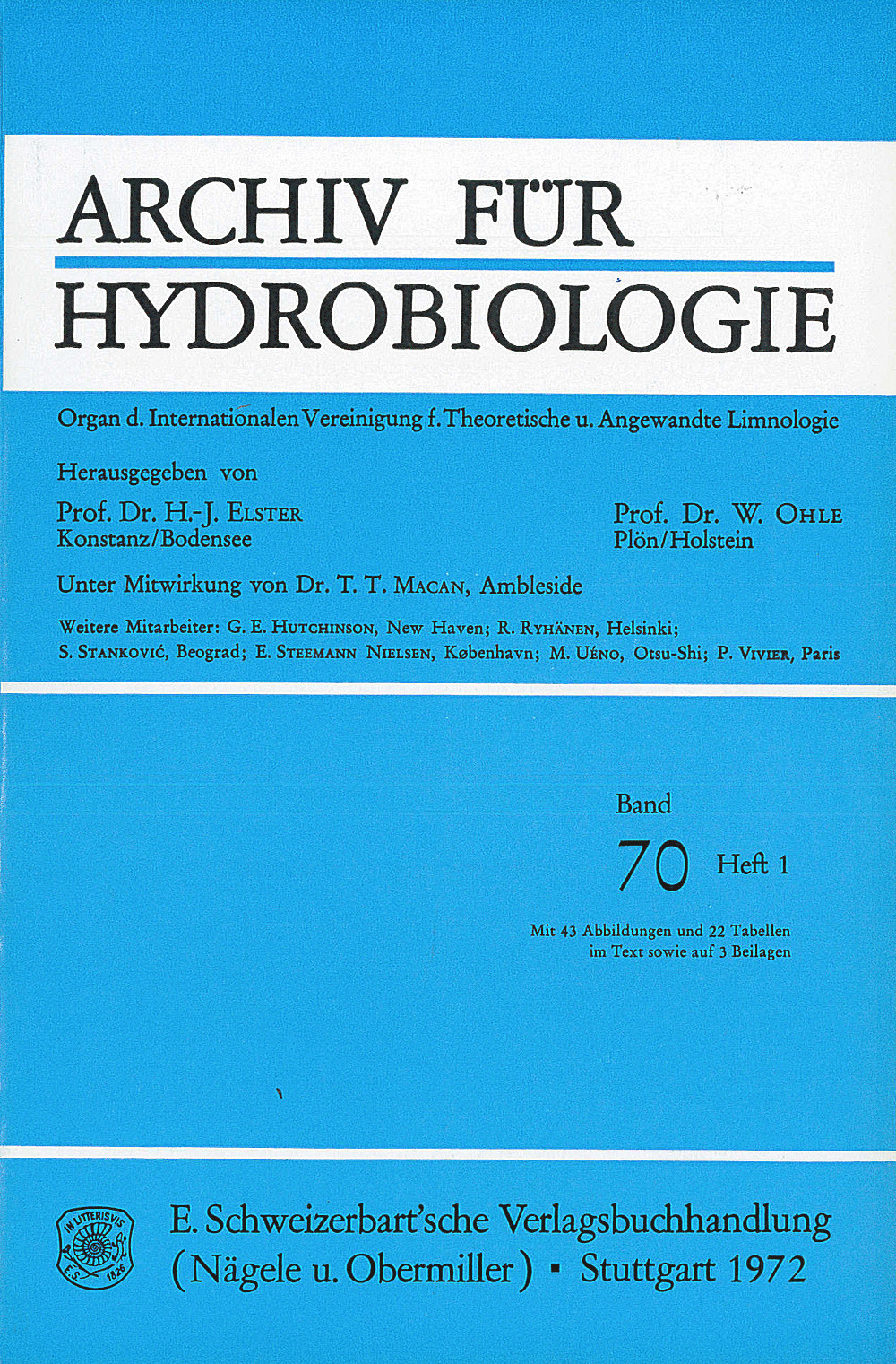 Image de couverture de: Archiv für Hydrobiologie Volume 70 Number 1
