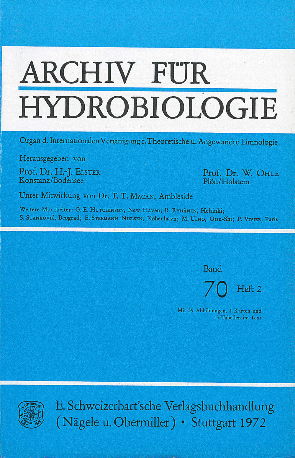 Image de couverture de: Archiv für Hydrobiologie Volume 70 Number 2