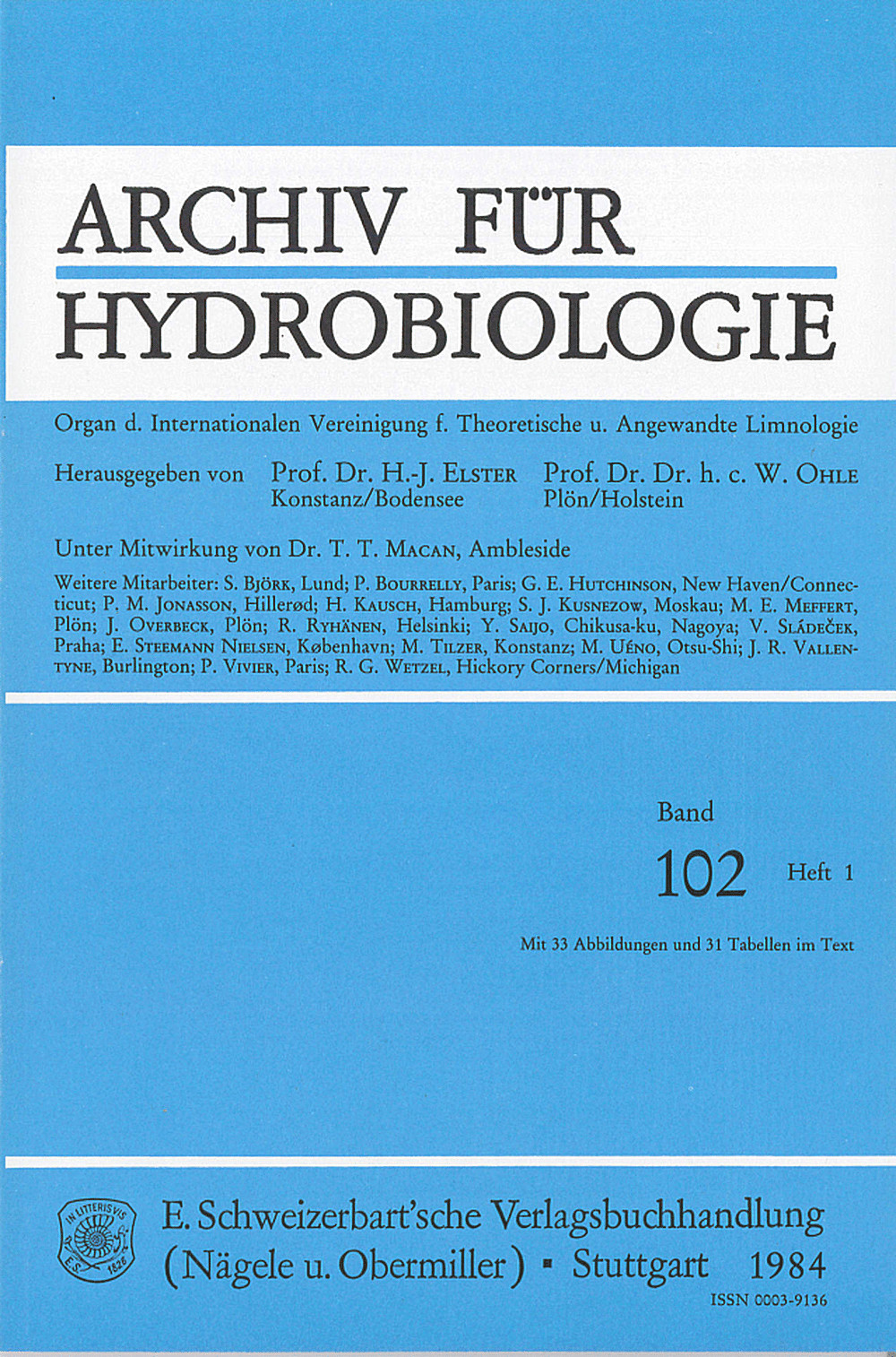 Umschlagbild des Buches: Archiv für Hydrobiologie Volume 102 Number 1