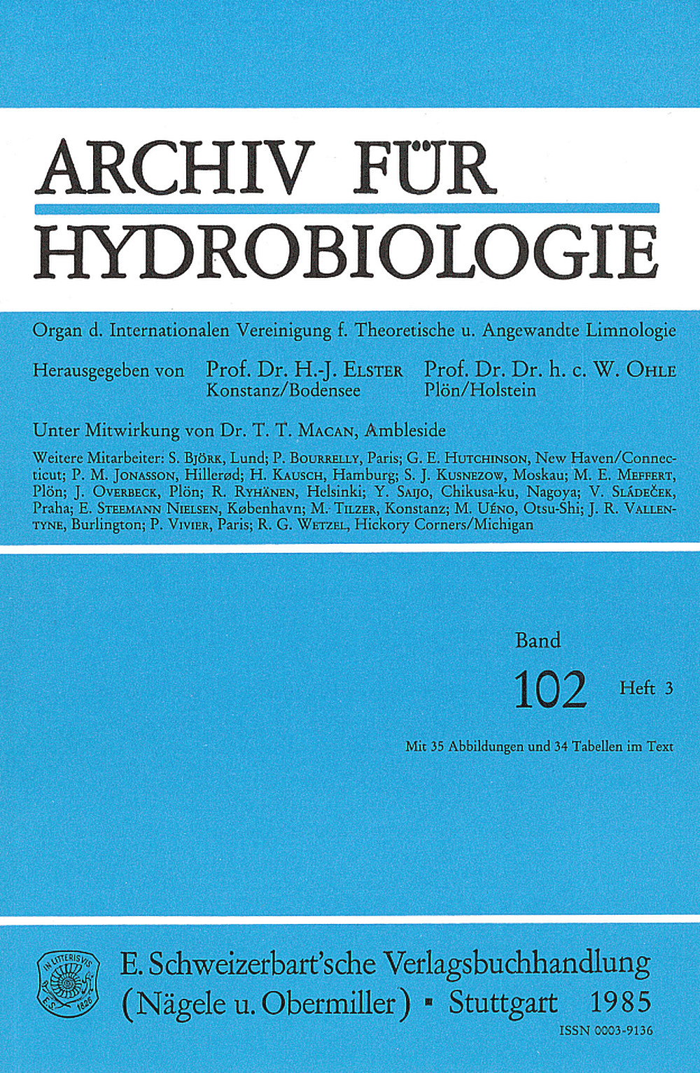 Umschlagbild des Buches: Archiv für Hydrobiologie Volume 102 Number 3