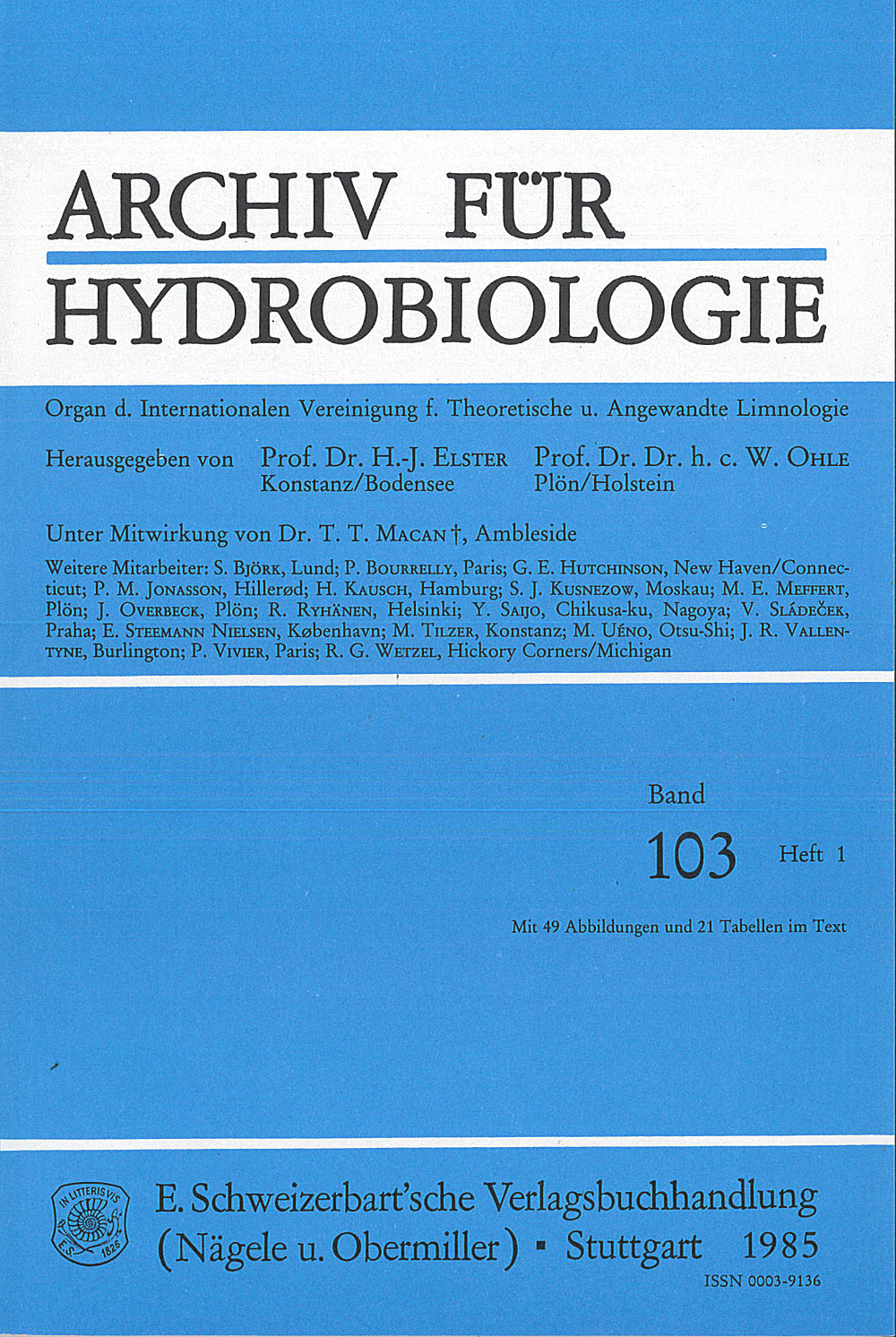 Cover image of: Archiv für Hydrobiologie Volume 103 Number 1