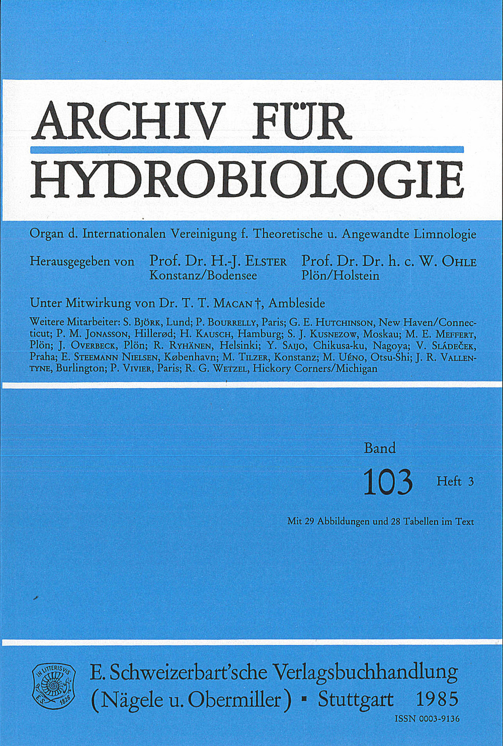 Cover image of: Archiv für Hydrobiologie Volume 103 Number 3