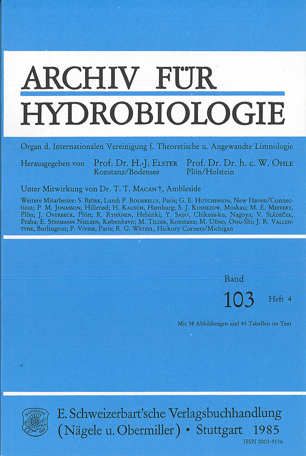 Cover image of: Archiv für Hydrobiologie Volume 103 Number 4