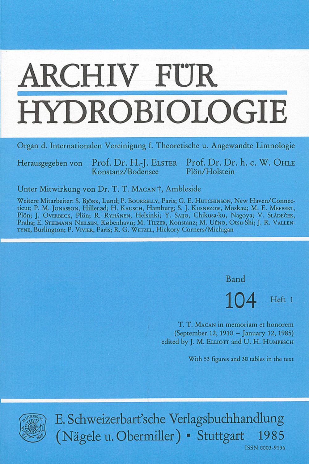 Cover image of: Archiv für Hydrobiologie Volume 104 Number 1