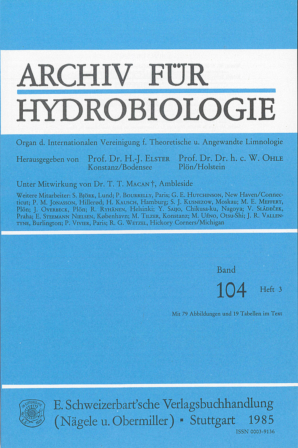 Cover image of: Archiv für Hydrobiologie Volume 104 Number 3