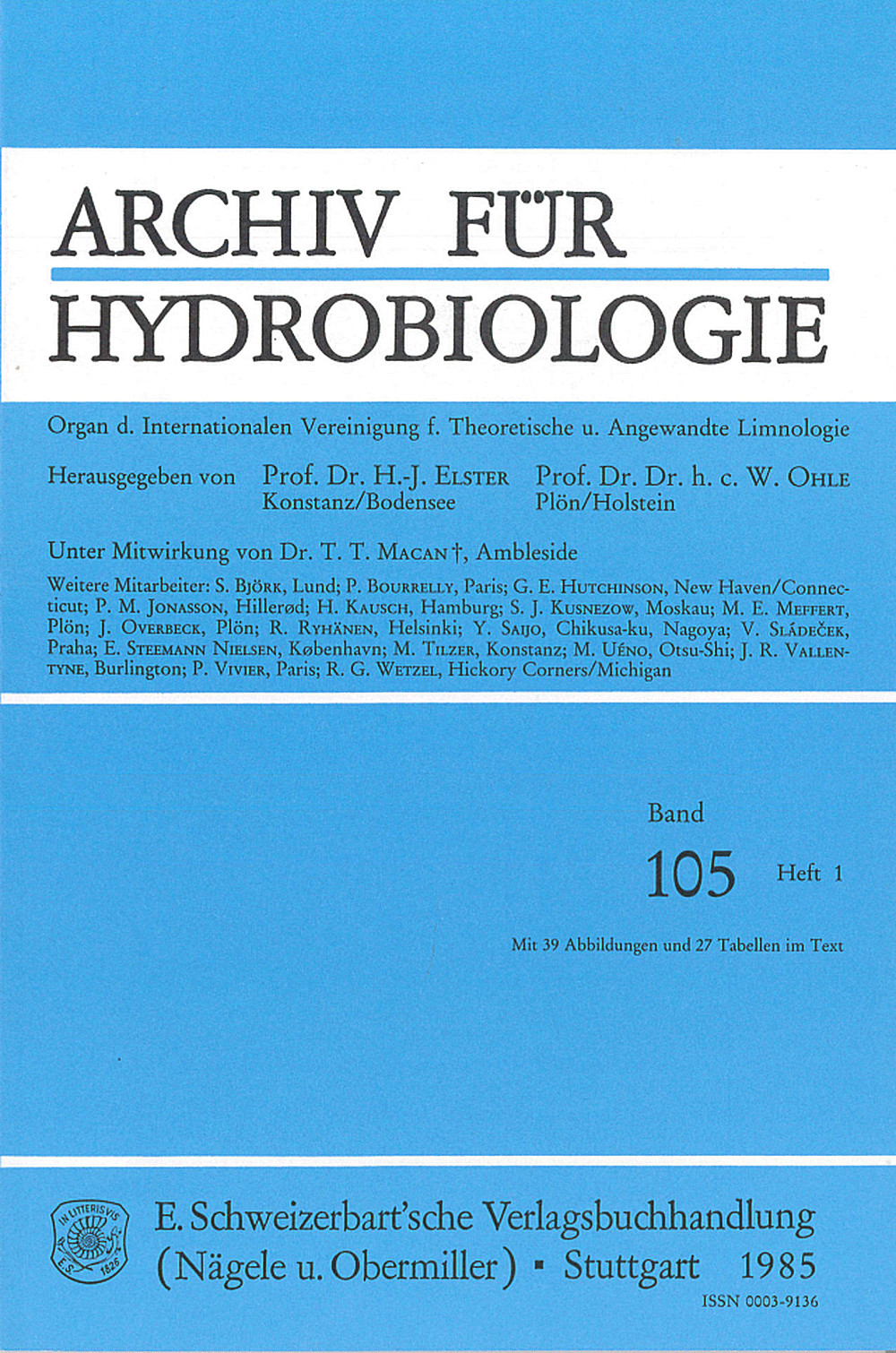 Image de couverture de: Archiv für Hydrobiologie Volume 105 Number 1
