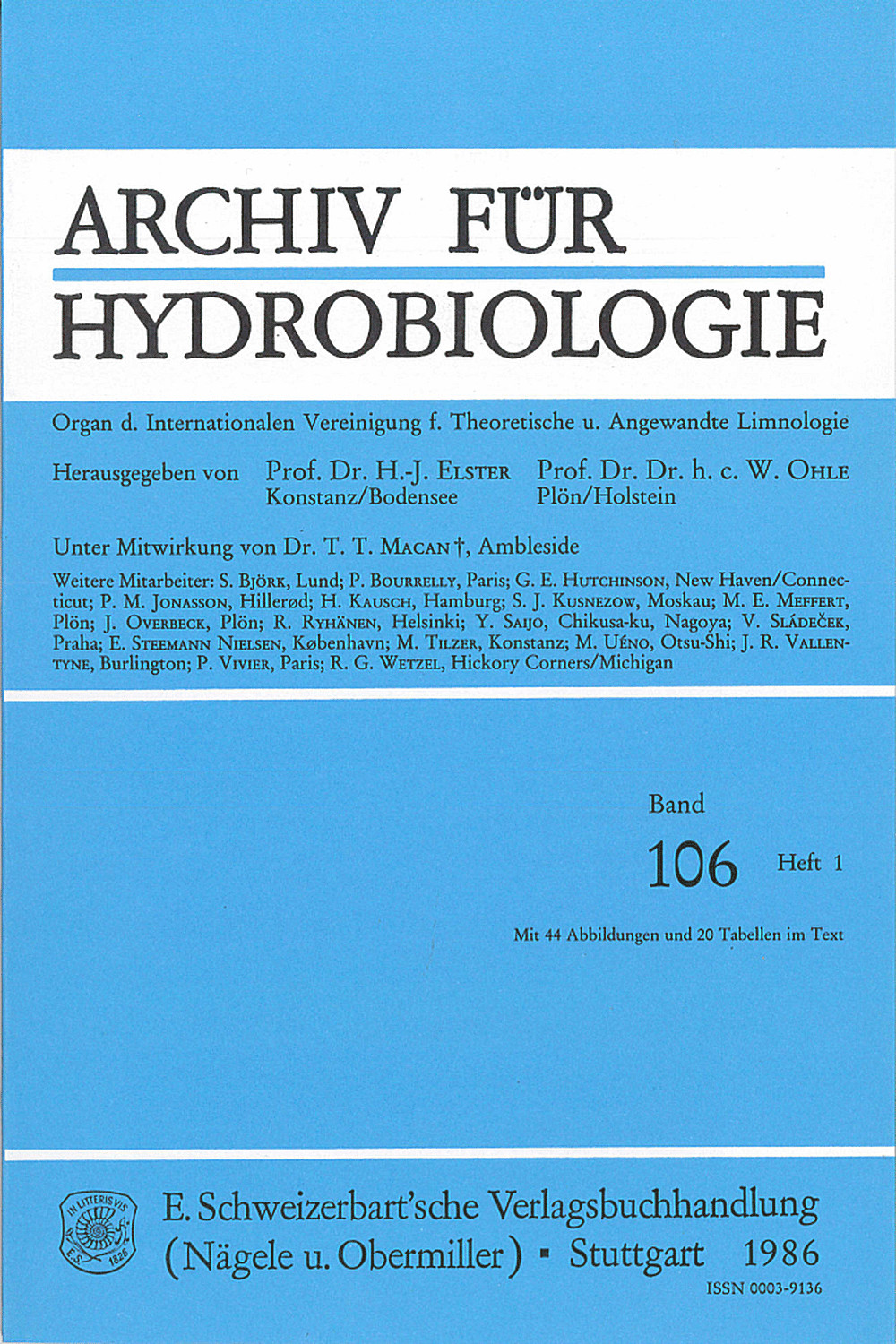 Cover image of: Archiv für Hydrobiologie Volume 106 Number 1