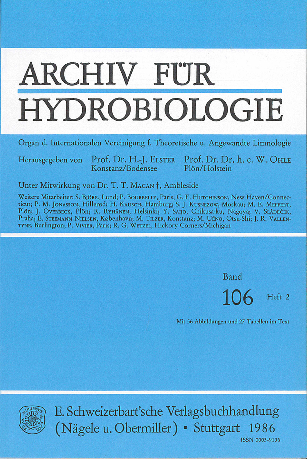Cover image of: Archiv für Hydrobiologie Volume 106 Number 2
