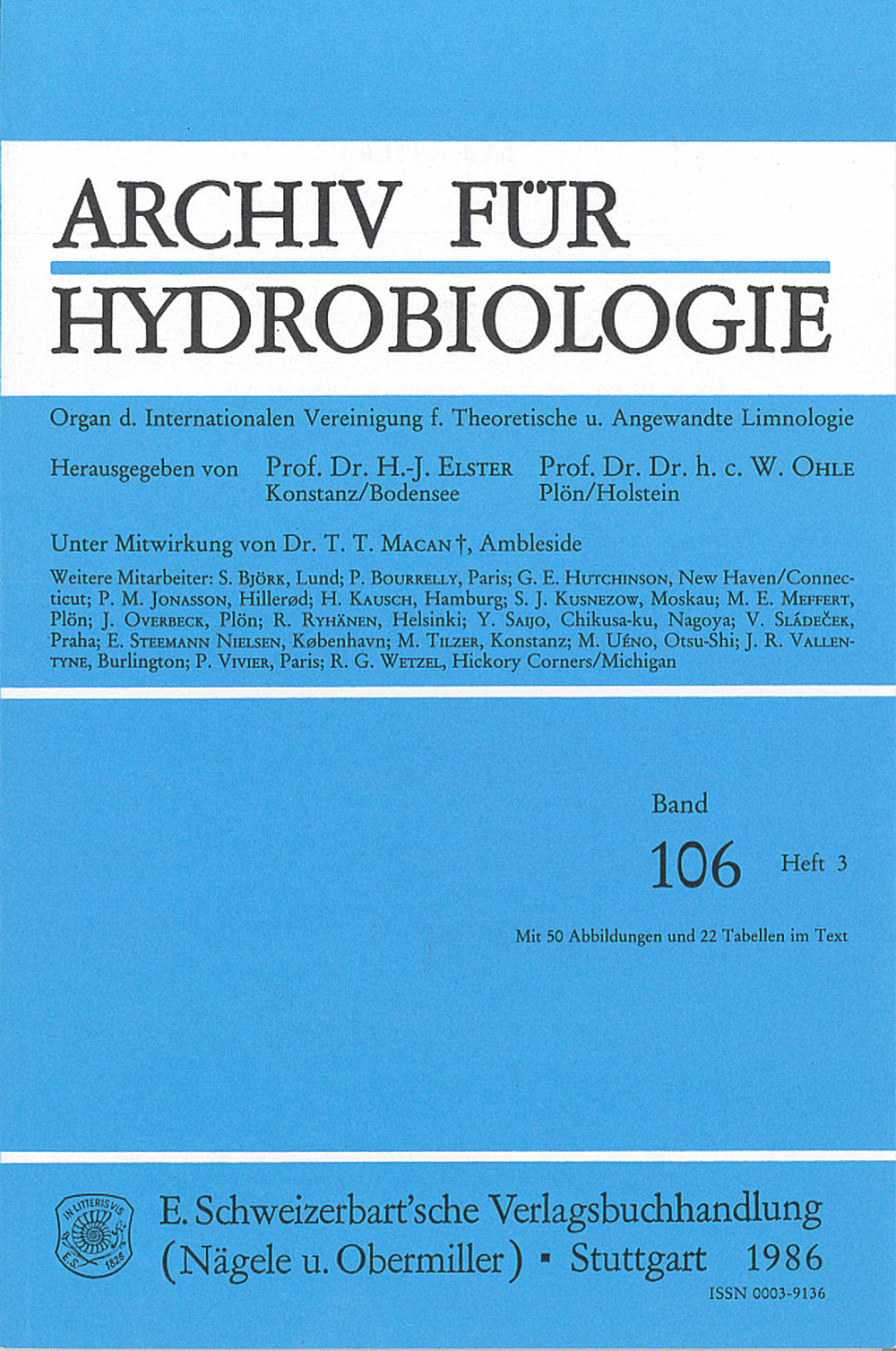 Cover image of: Archiv für Hydrobiologie Volume 106 Number 3