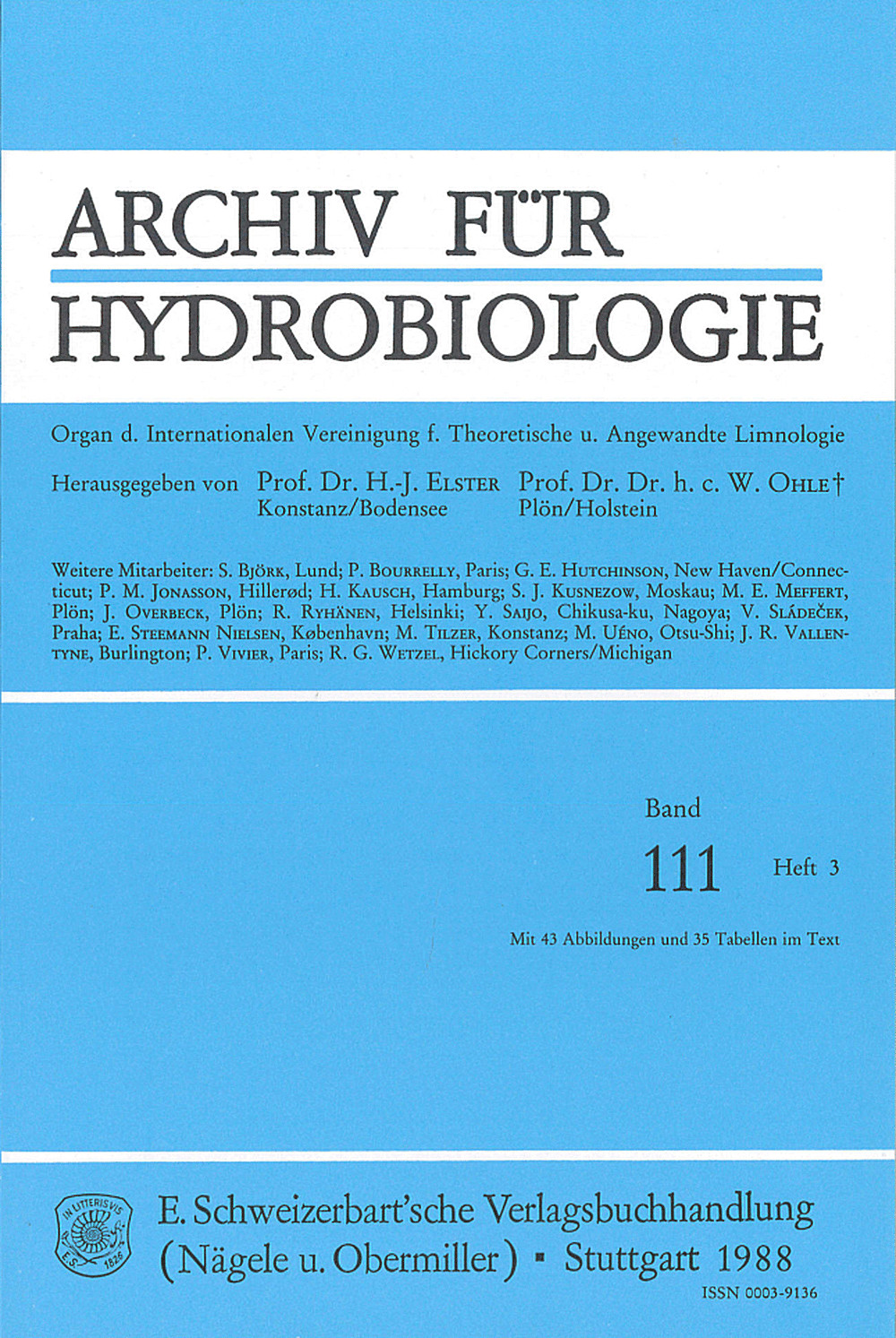Cover image of: Archiv für Hydrobiologie Volume 111 Number 3