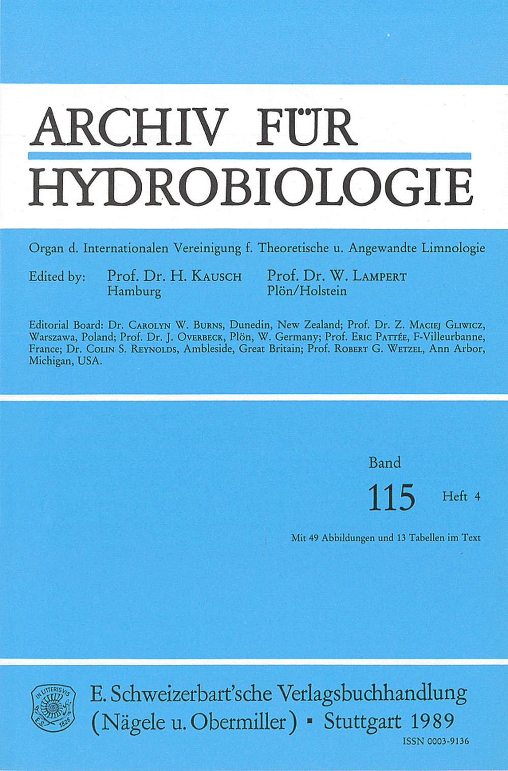 Cover image of: Archiv für Hydrobiologie Volume 115 Number 4