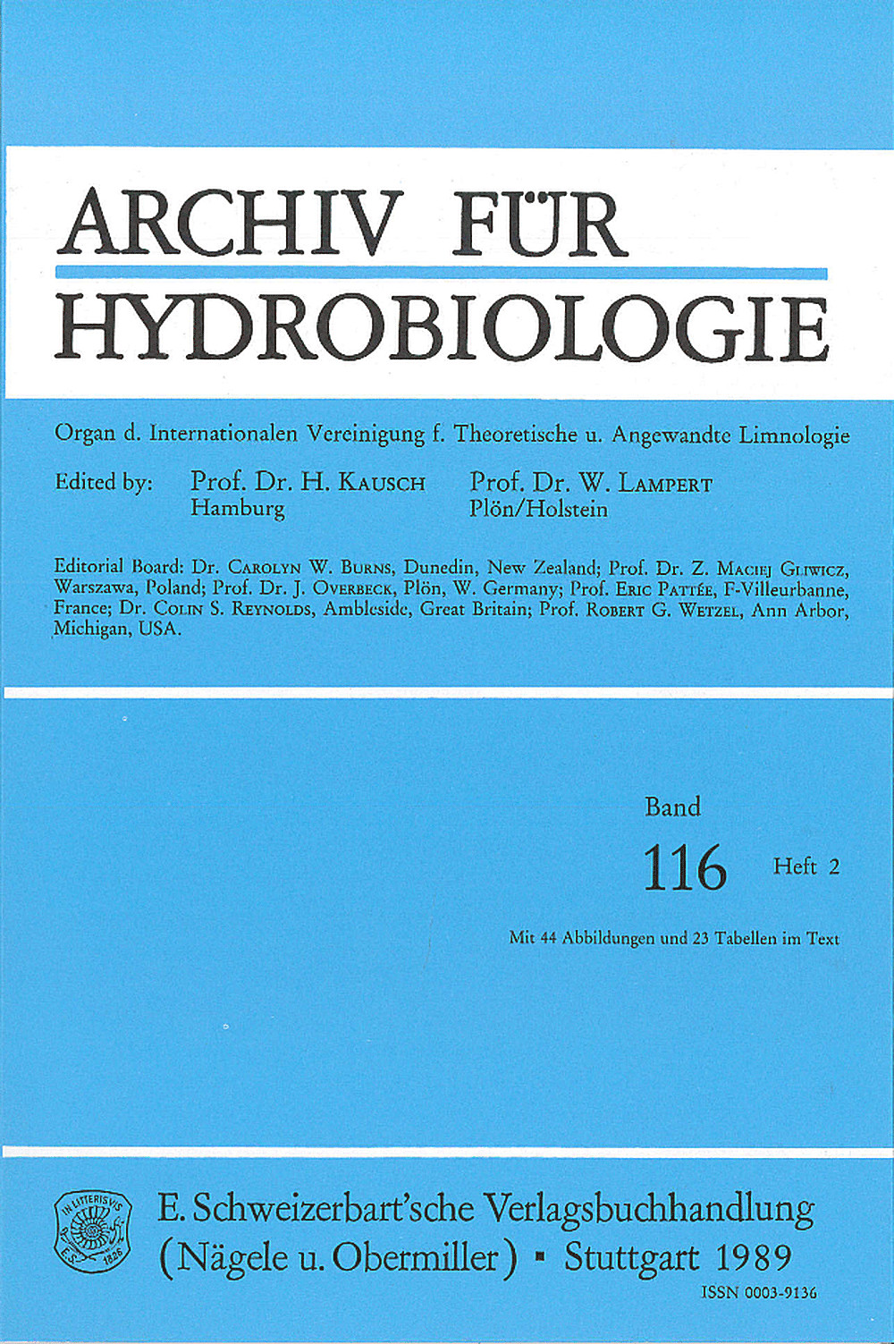 Cover image of: Archiv für Hydrobiologie Volume 116 Number 2