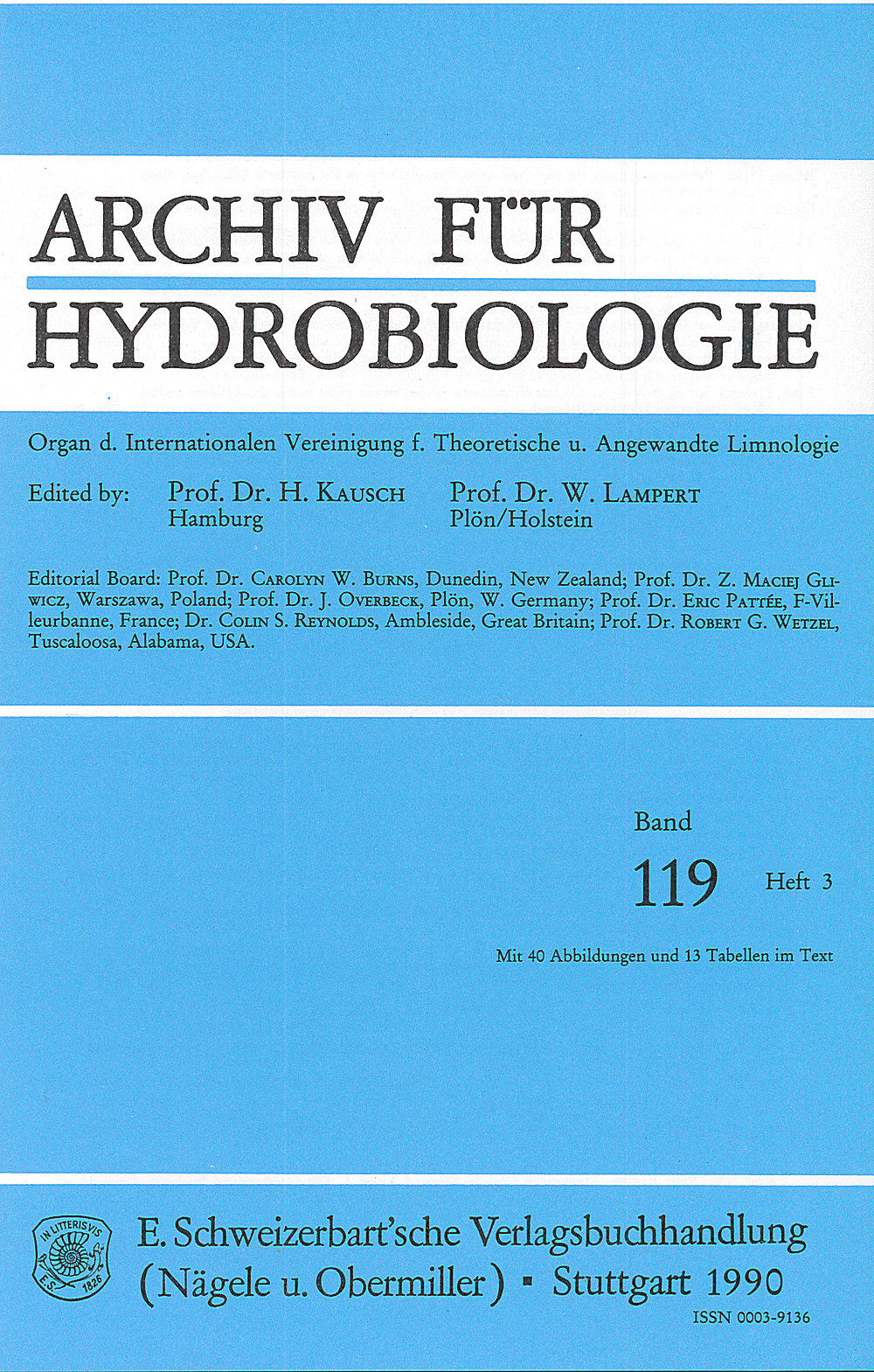 Cover image of: Archiv für Hydrobiologie Volume 119 Number 3