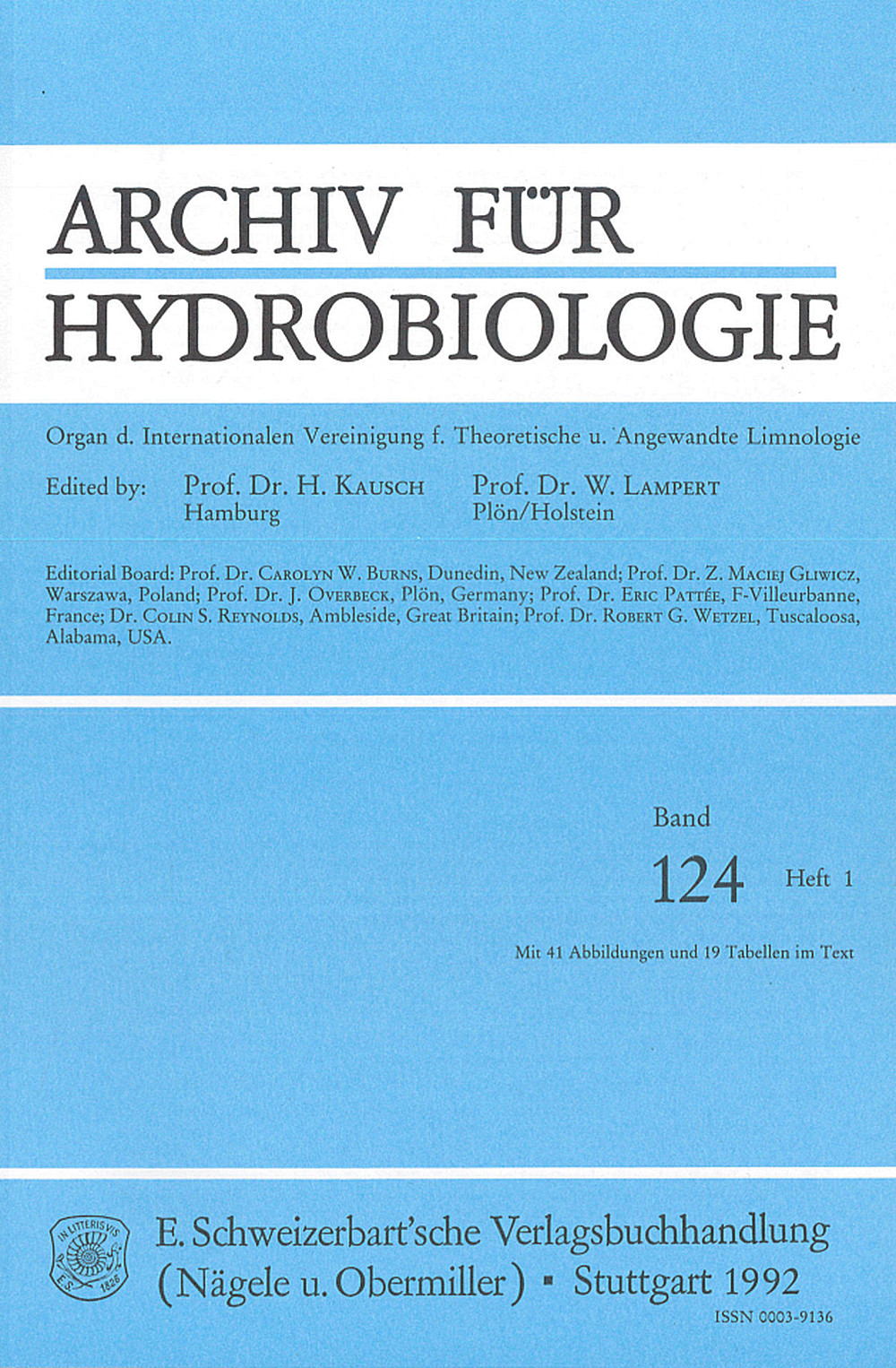 Cover image of: Archiv für Hydrobiologie Volume 124 Number 1