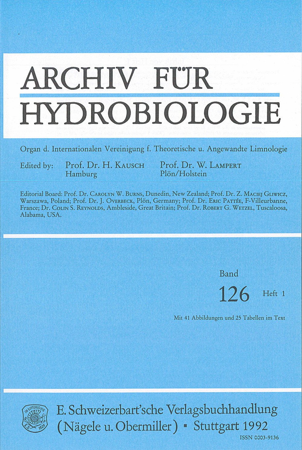 Cover image of: Archiv für Hydrobiologie Volume 126 Number 1