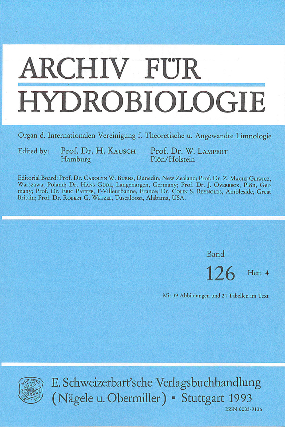 Cover image of: Archiv für Hydrobiologie Volume 126 Number 4