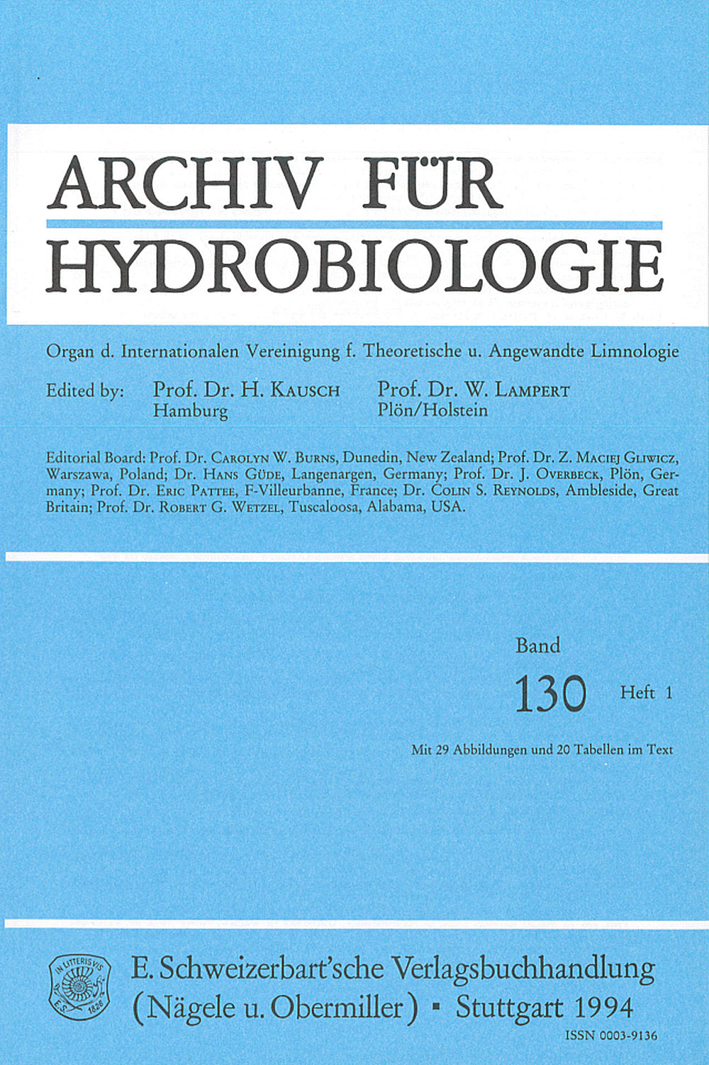 Cover image of: Archiv für Hydrobiologie Volume 130 Number 1