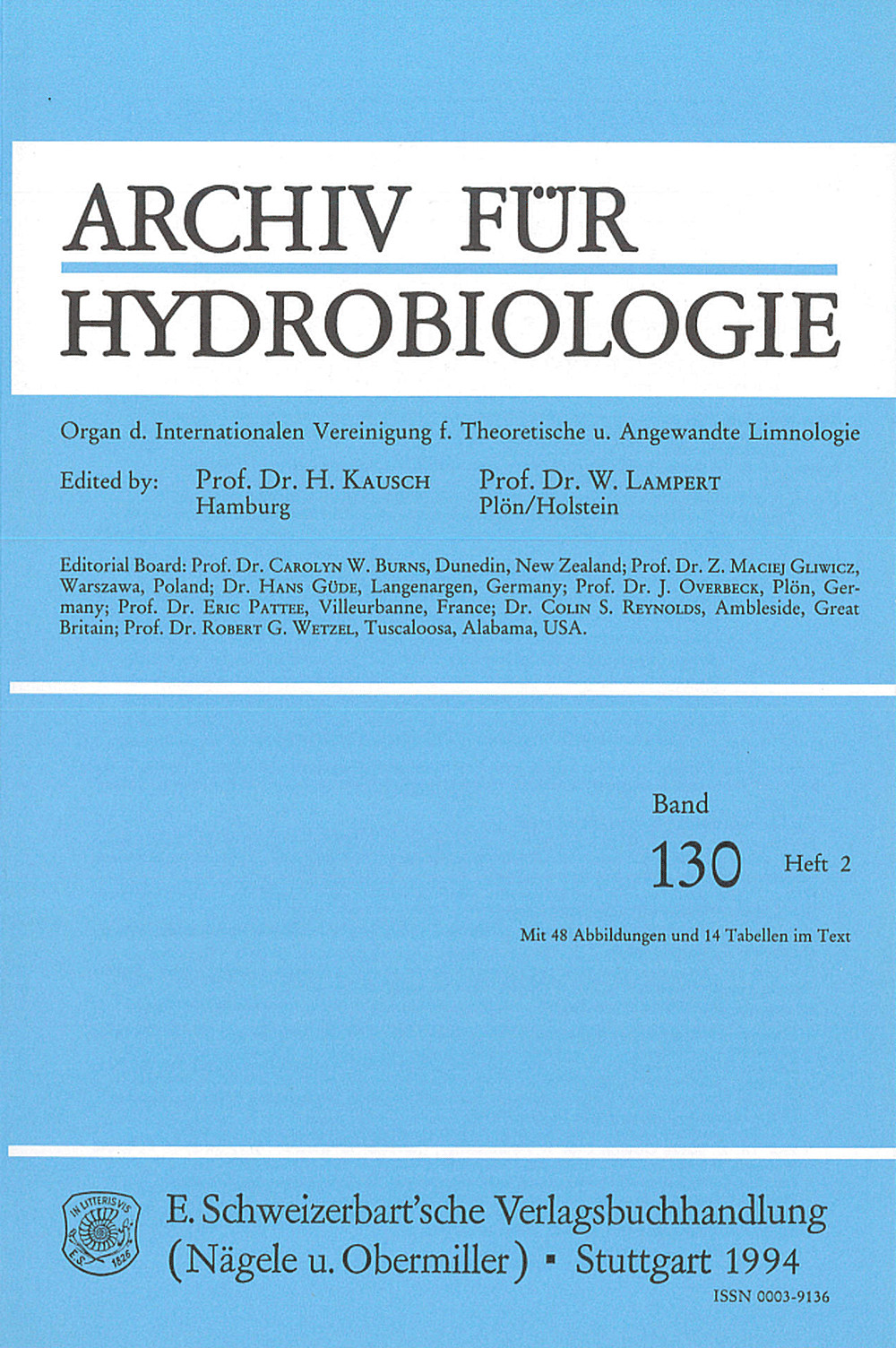 Cover image of: Archiv für Hydrobiologie Volume 130 Number 2