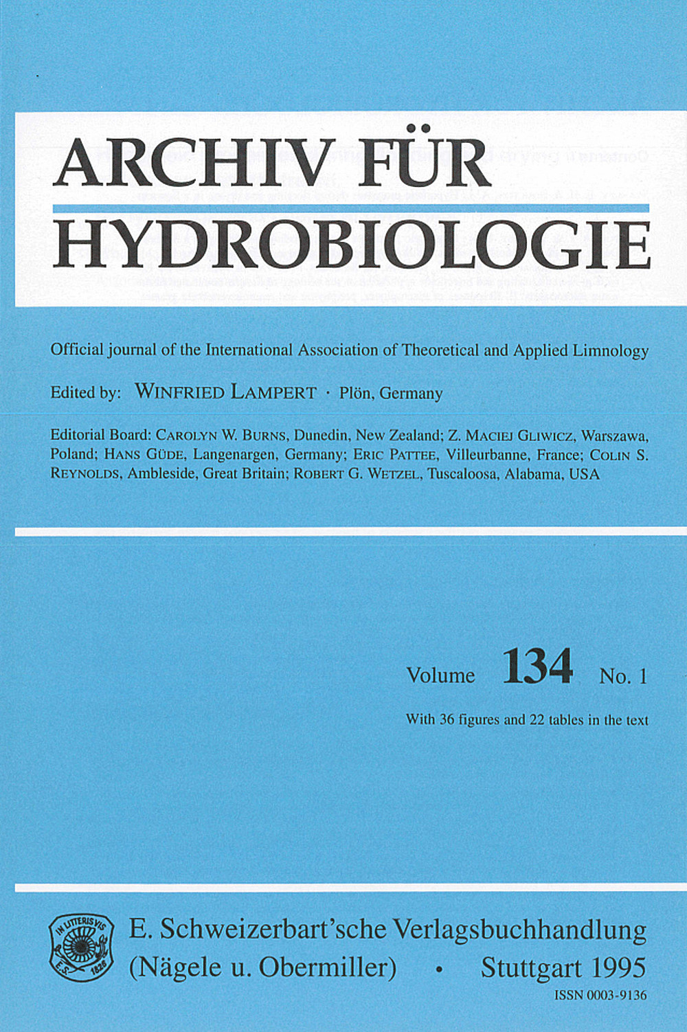 Cover image of: Archiv für Hydrobiologie Volume 134 Number 1