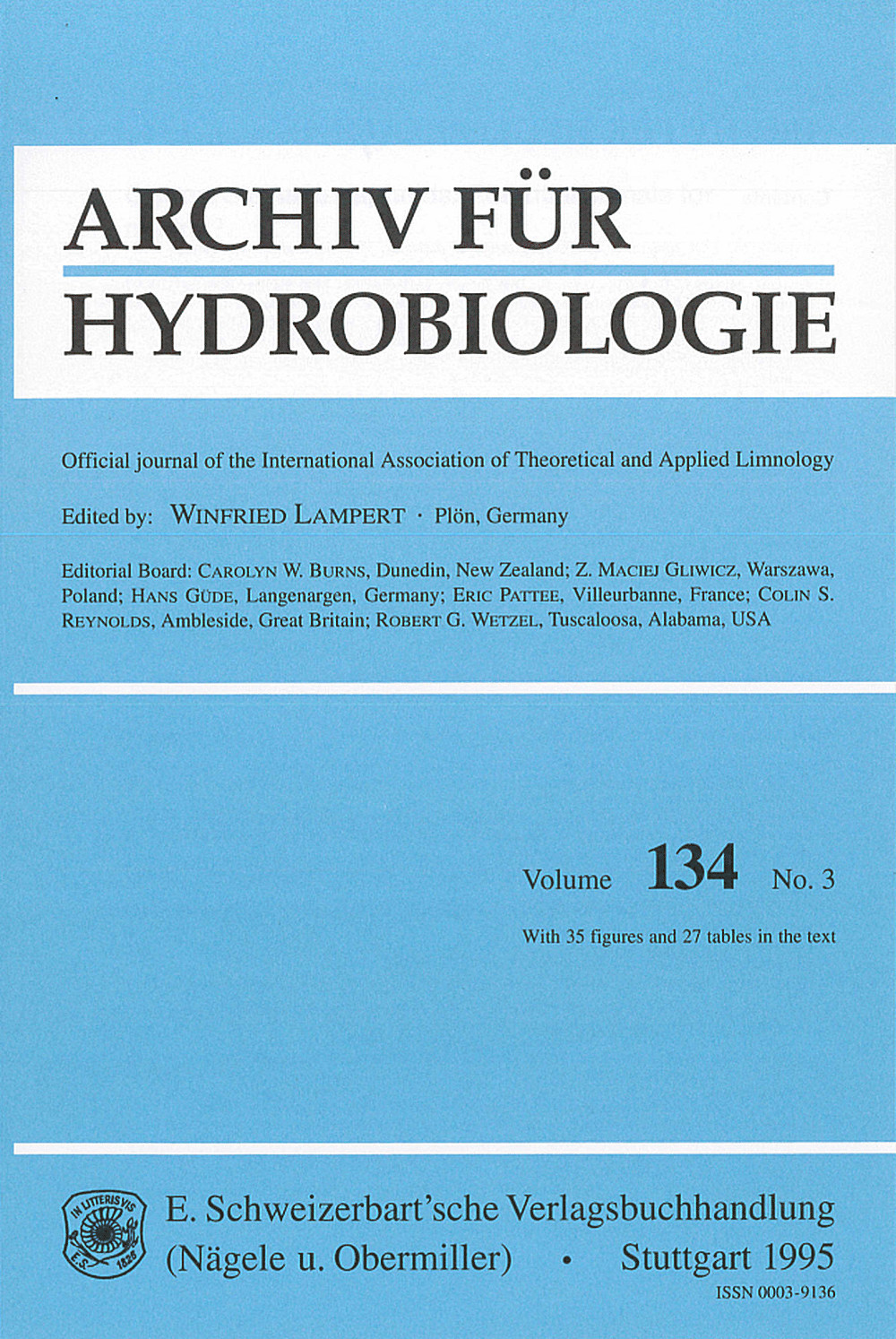 Cover image of: Archiv für Hydrobiologie Volume 134 Number 3
