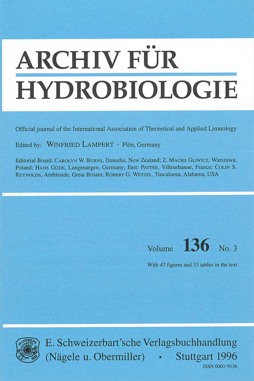 Umschlagbild des Buches: Archiv für Hydrobiologie Volume 136 Number 3