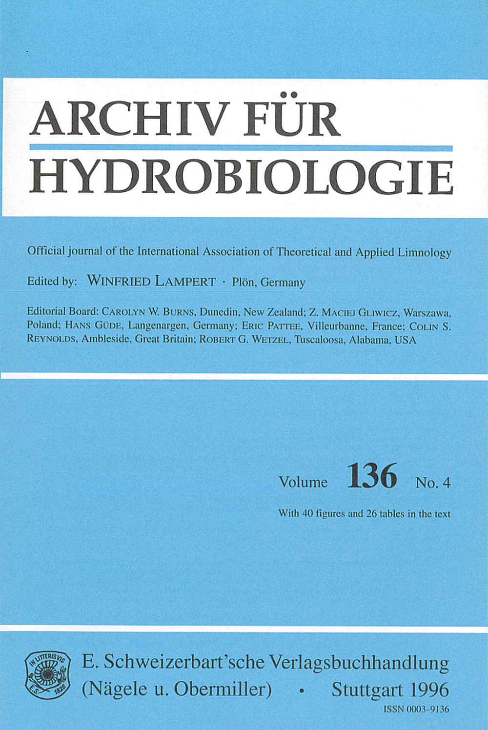 Umschlagbild des Buches: Archiv für Hydrobiologie Volume 136 Number 4