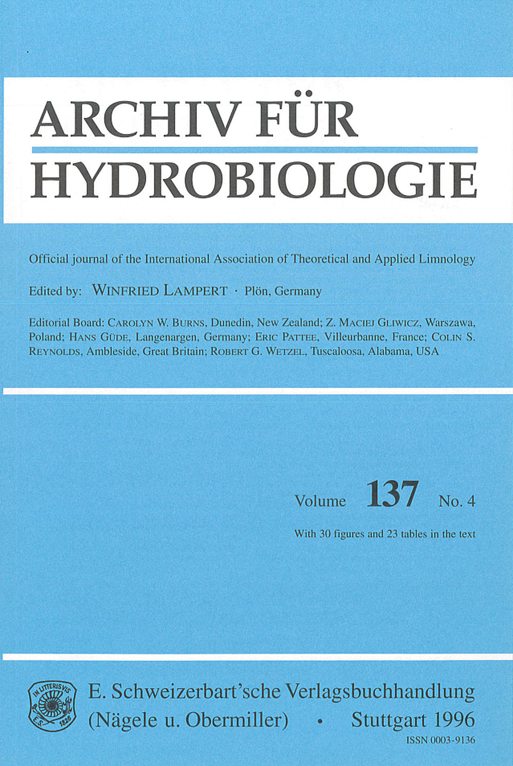 Cover image of: Archiv für Hydrobiologie Volume 137 Number 4