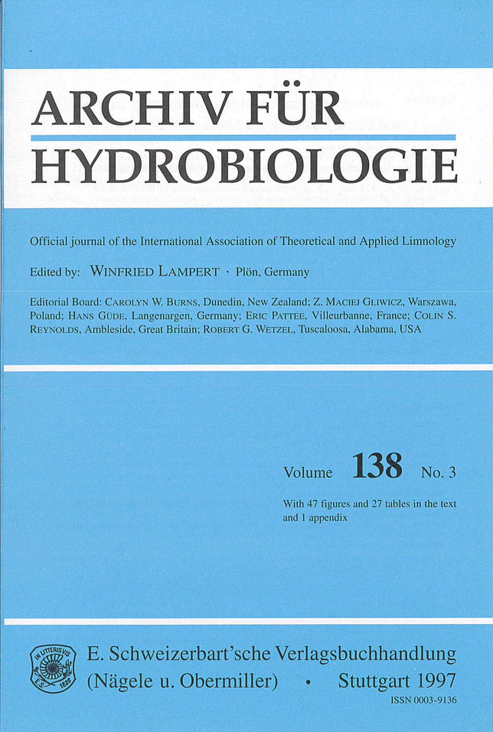 Image de couverture de: Archiv für Hydrobiologie Volume 138 Number 3