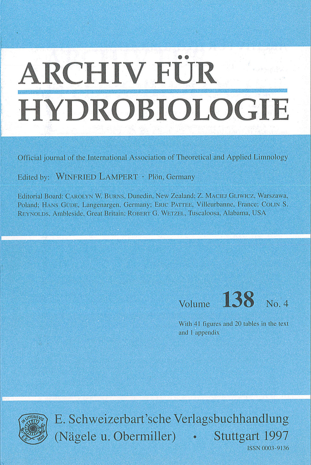 Image de couverture de: Archiv für Hydrobiologie Volume 138 Number 4
