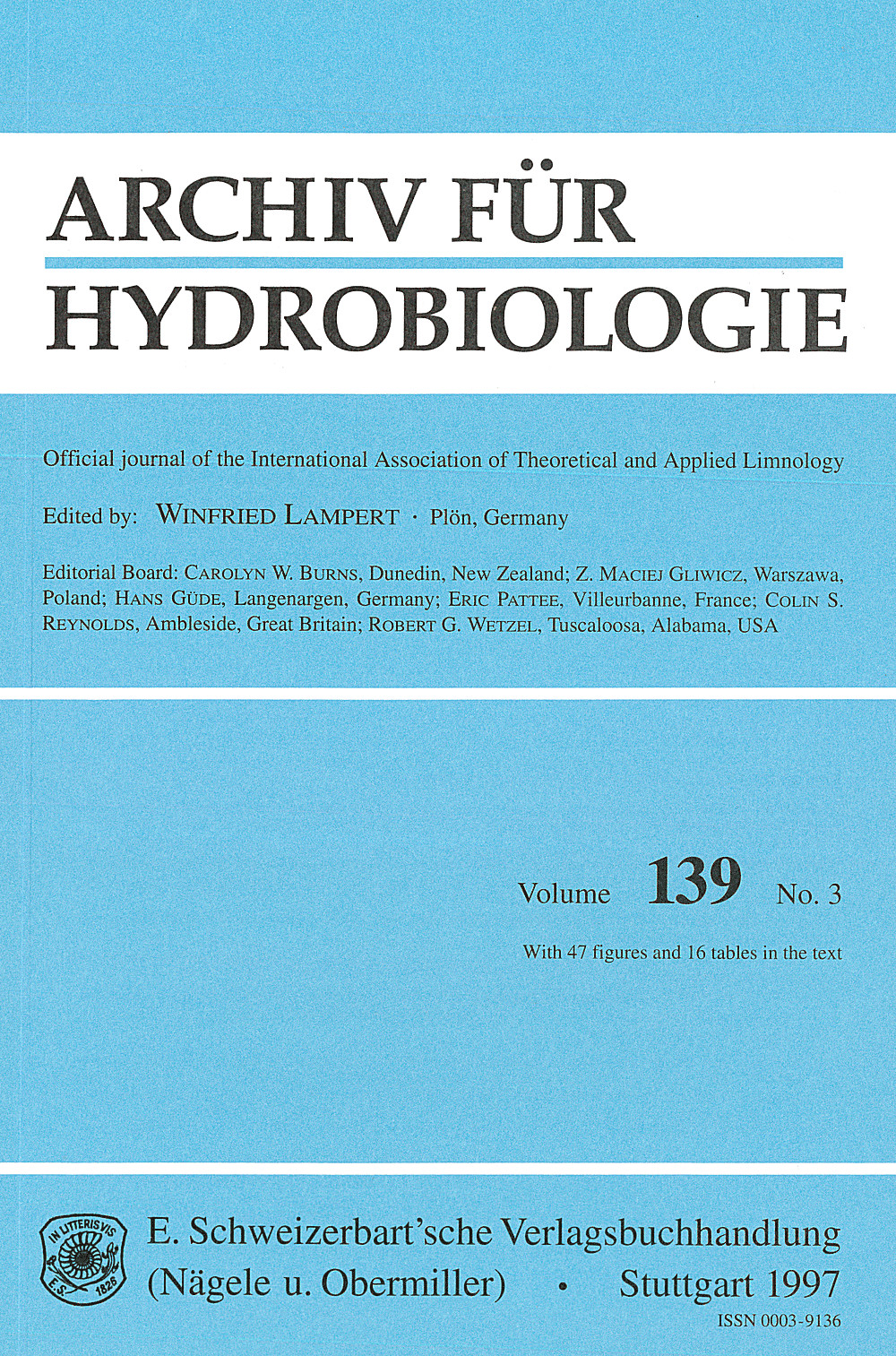 Image de couverture de: Archiv für Hydrobiologie Volume 139 Number 3
