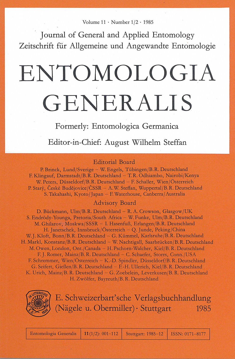 Cover image of: Entomologia Generalis Volume 11 Number 1-2