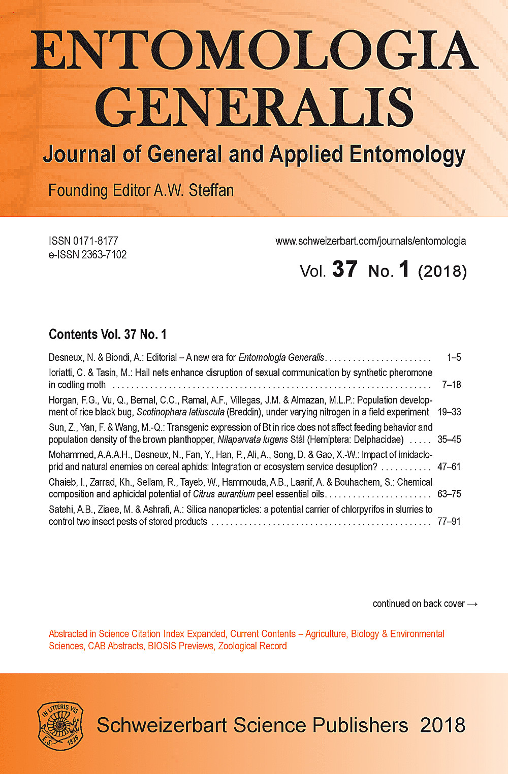 Cover image of: Entomologia Generalis Volume 37 Number 1