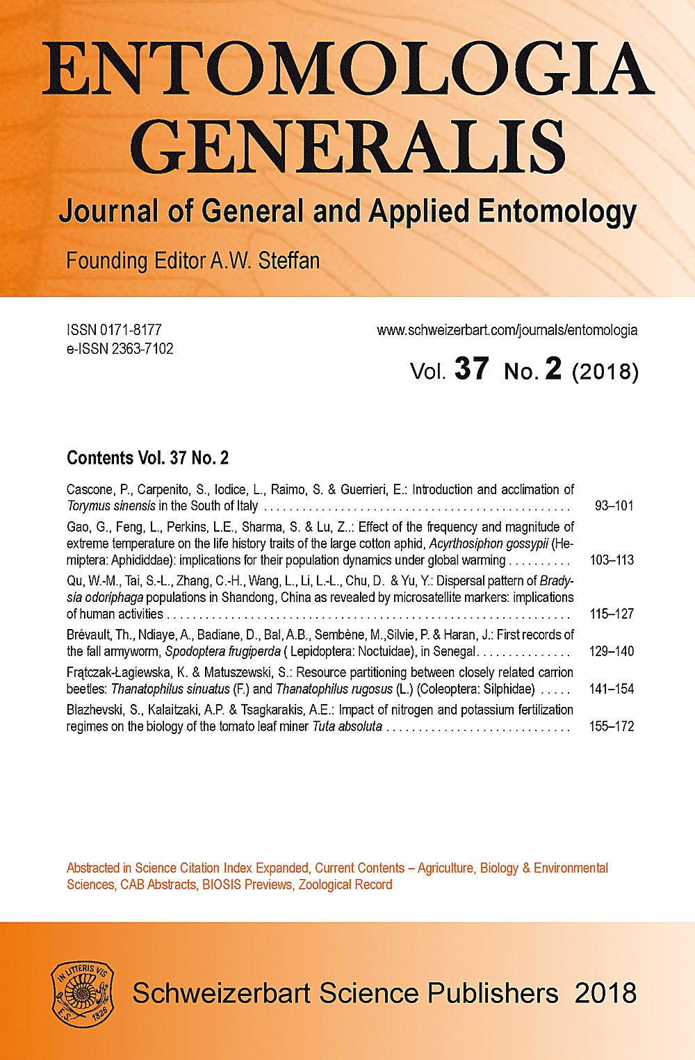 Cover image of: Entomologia Generalis Volume 37 Number 2